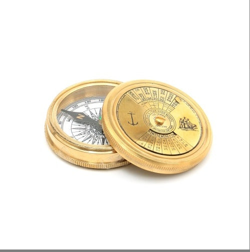 Vintage Collectible Brass Compass With Calender-Gold