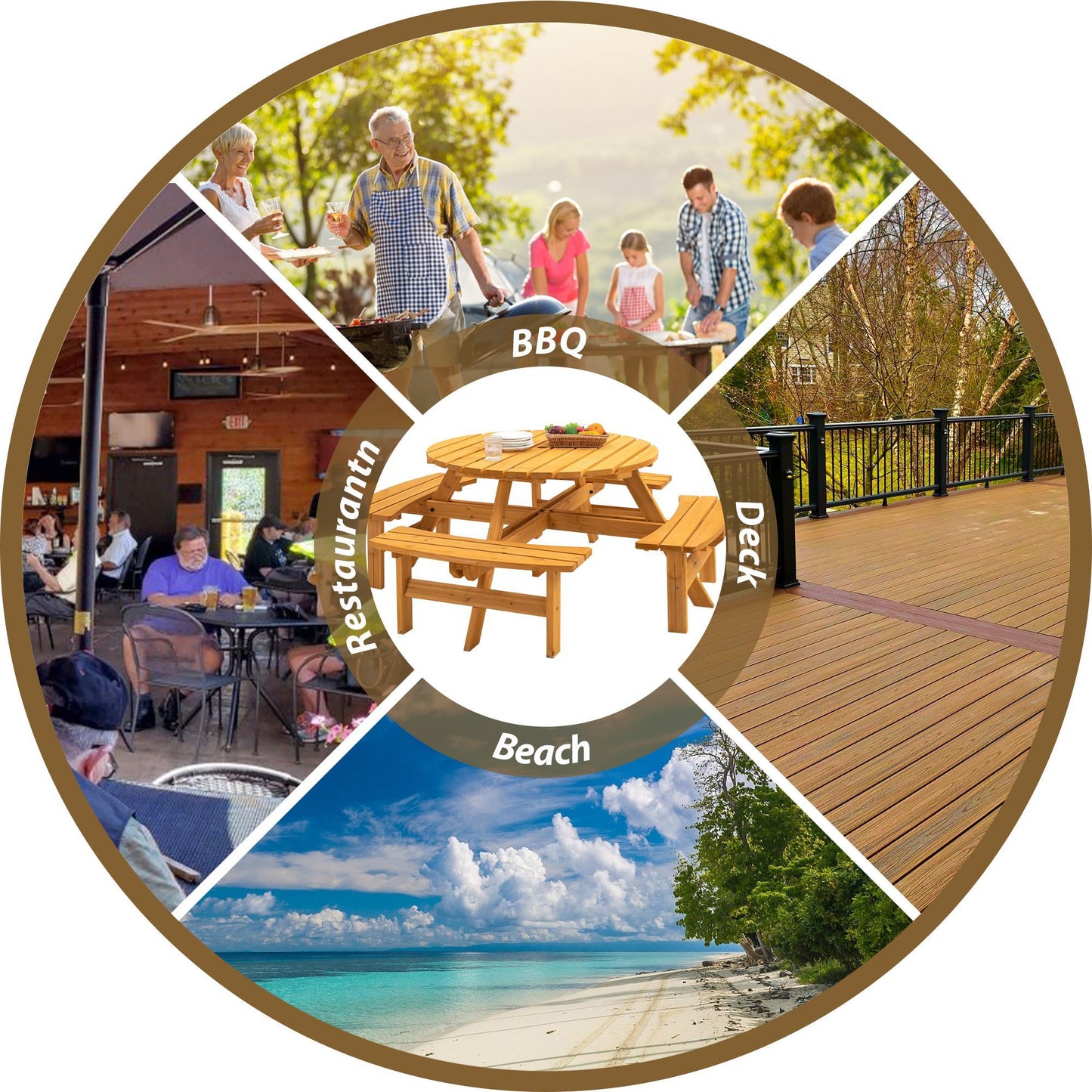 Wooden Picnic Table, Outdoor Camping Table With Seats, With 4 Built-in Benches, - Natural Color
