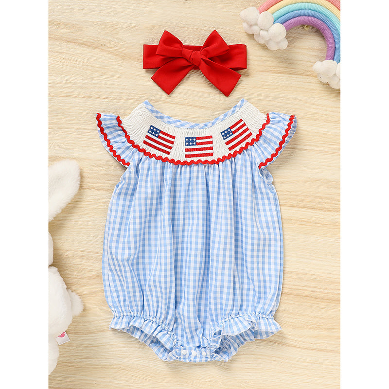 Baby Girls Independence Day Outfit 4th Of July American Flag Embroidery Smocked Bubble Romper With Headband