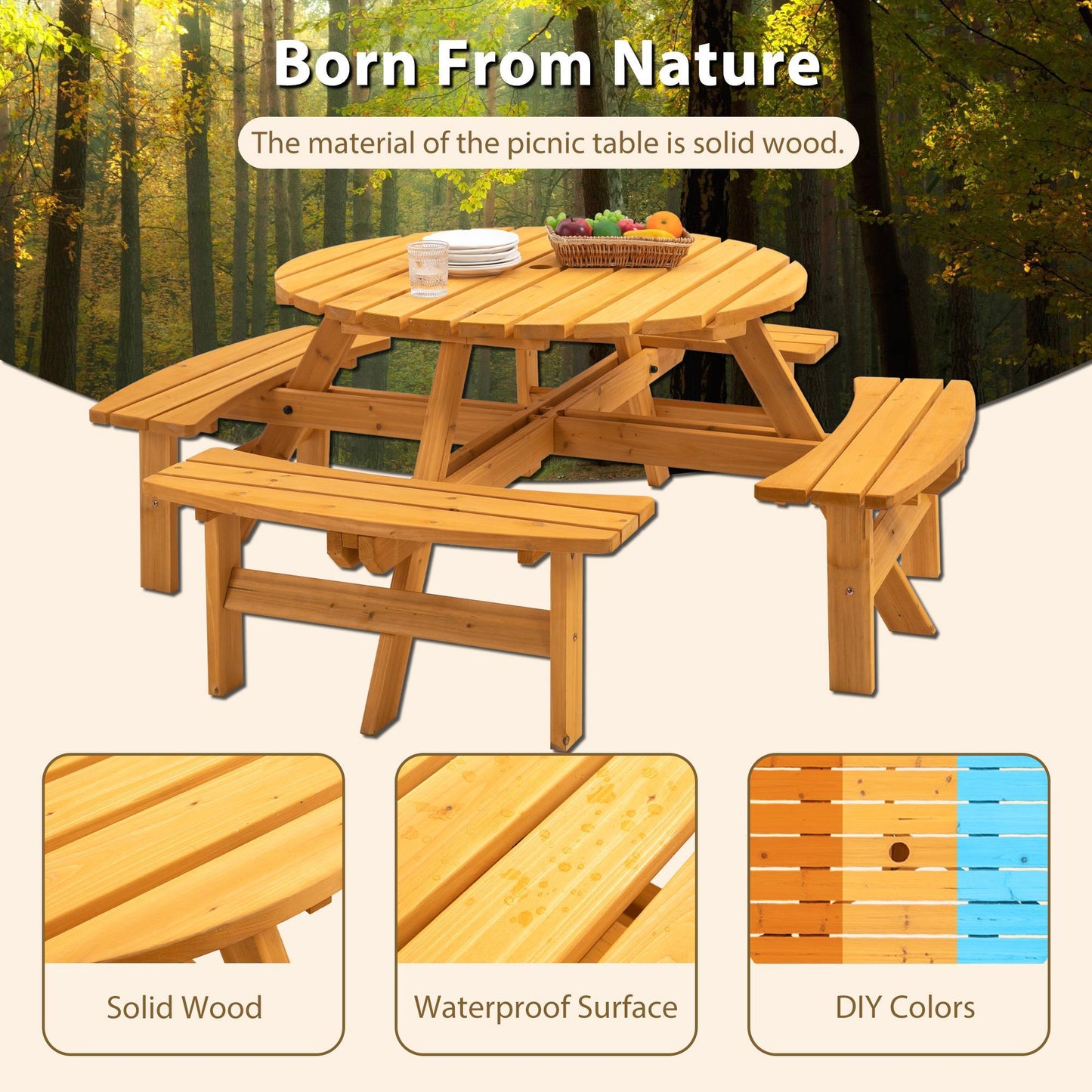 Wooden Picnic Table, Outdoor Camping Table With Seats, With 4 Built-in Benches, - Natural Color