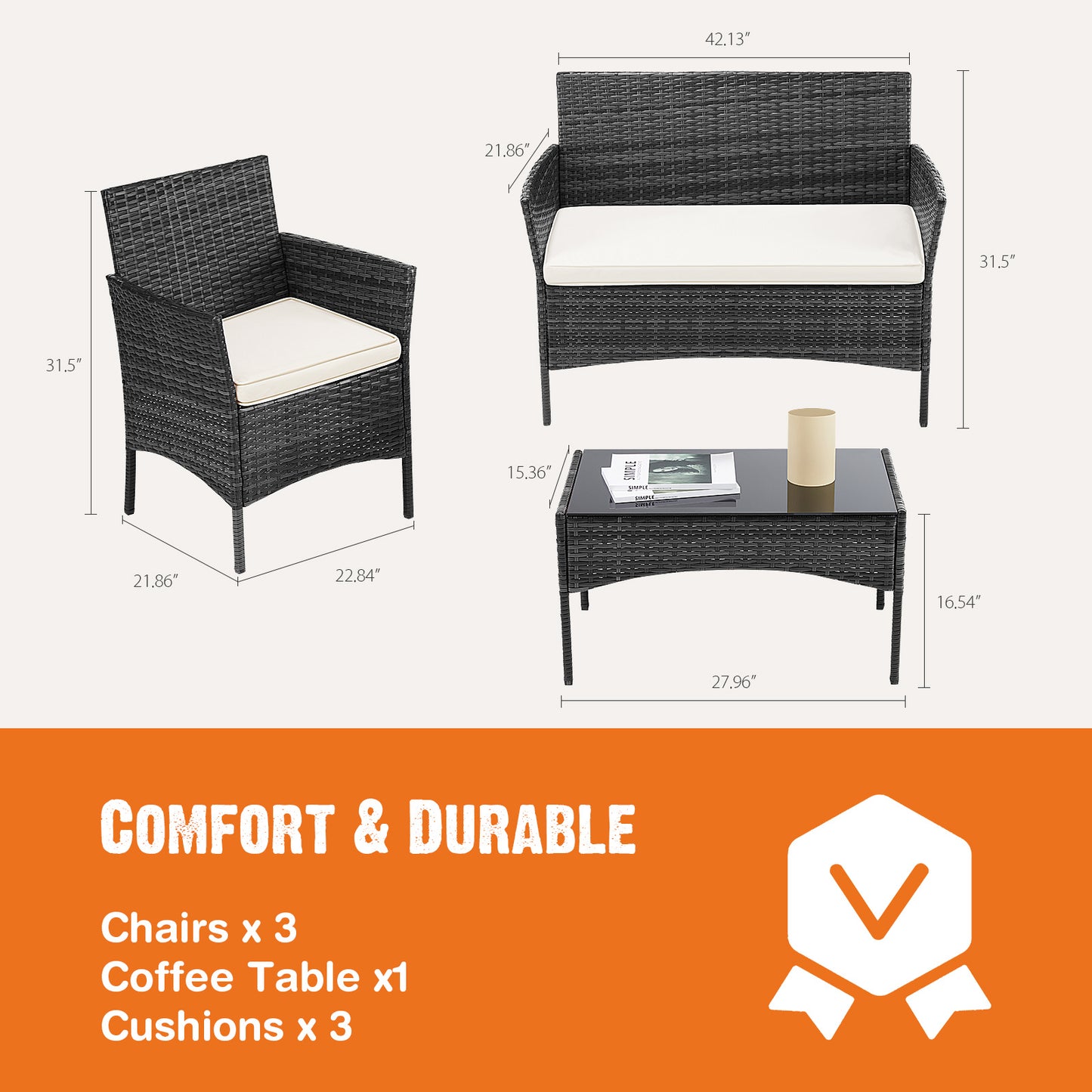 Patio Furniture Set 4 Pieces, Outdoor Furniture With Glass Table, Weaving Wicker Rattan Patio Chairs For Garden, Terrace, Porch, Lawns