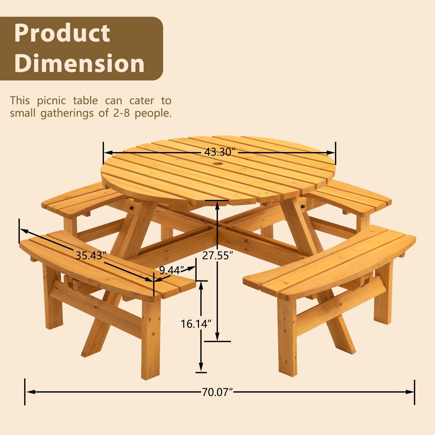 Wooden Picnic Table, Outdoor Camping Table With Seats, With 4 Built-in Benches, - Natural Color