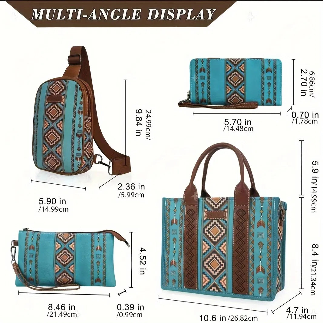 4Pcs Women's Purse Tote, Retro Work Satchel Lightweight, Boho Chic Tote Everyday Green