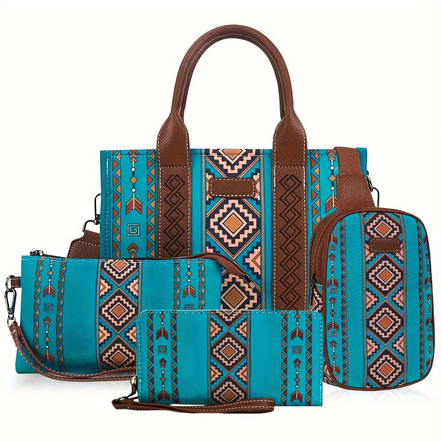 4Pcs Women's Purse Tote, Retro Work Satchel Lightweight, Boho Chic Tote Everyday Green
