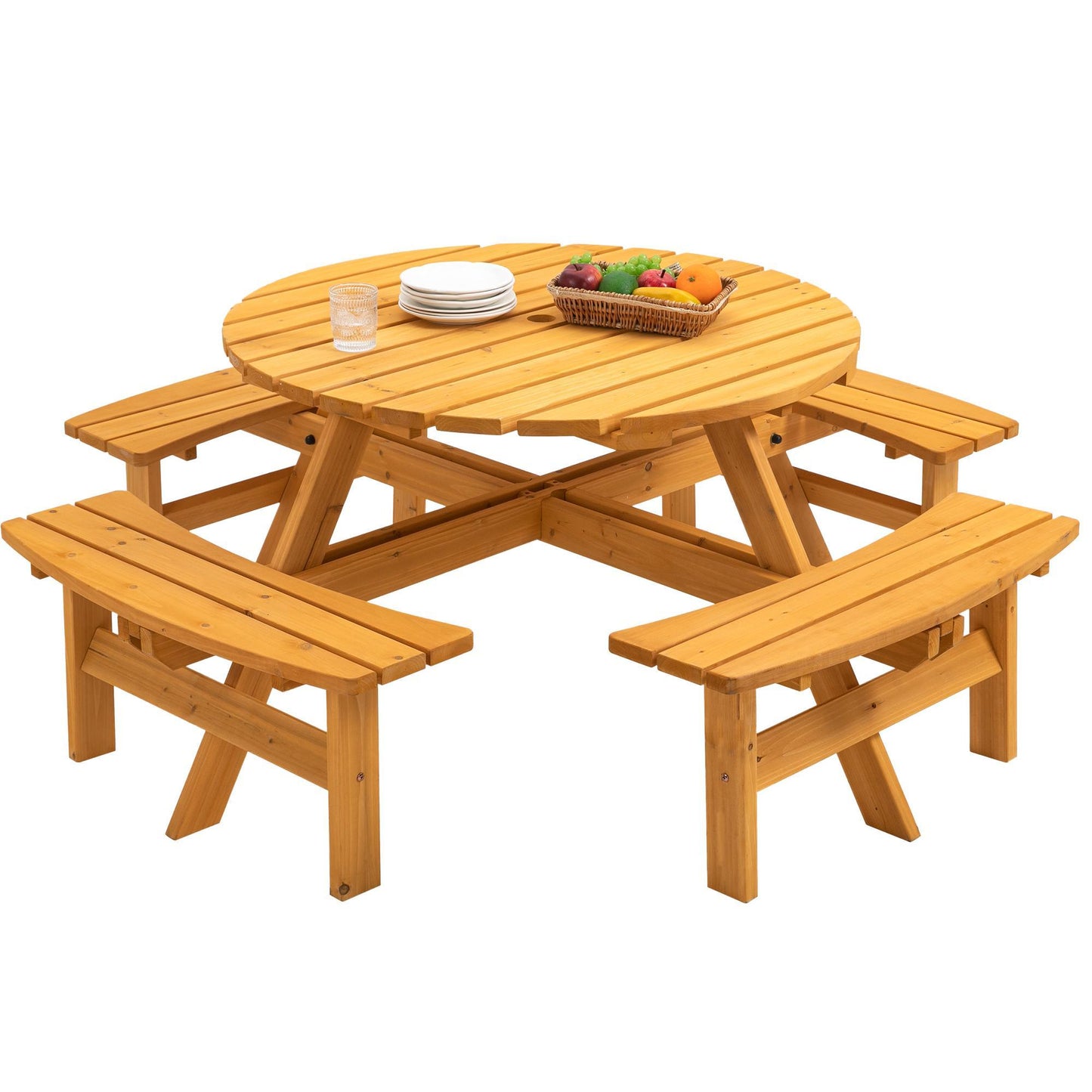 Wooden Picnic Table, Outdoor Camping Table With Seats, With 4 Built-in Benches, - Natural Color