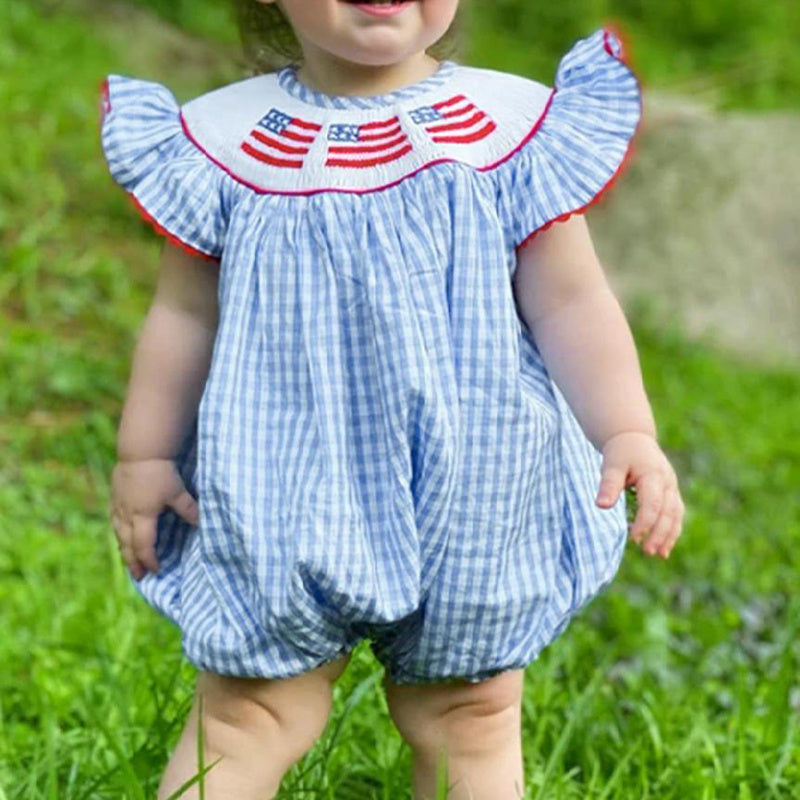 Baby Girls Independence Day Outfit 4th Of July American Flag Embroidery Smocked Bubble Romper With Headband