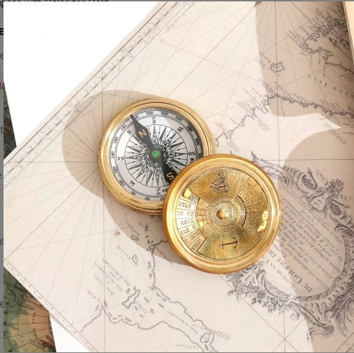 Vintage Collectible Brass Compass With Calender-Gold