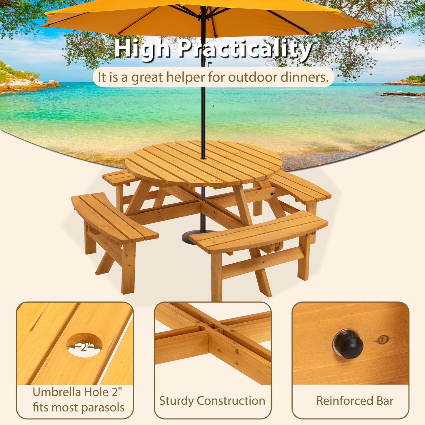 Wooden Picnic Table, Outdoor Camping Table With Seats, With 4 Built-in Benches, - Natural Color
