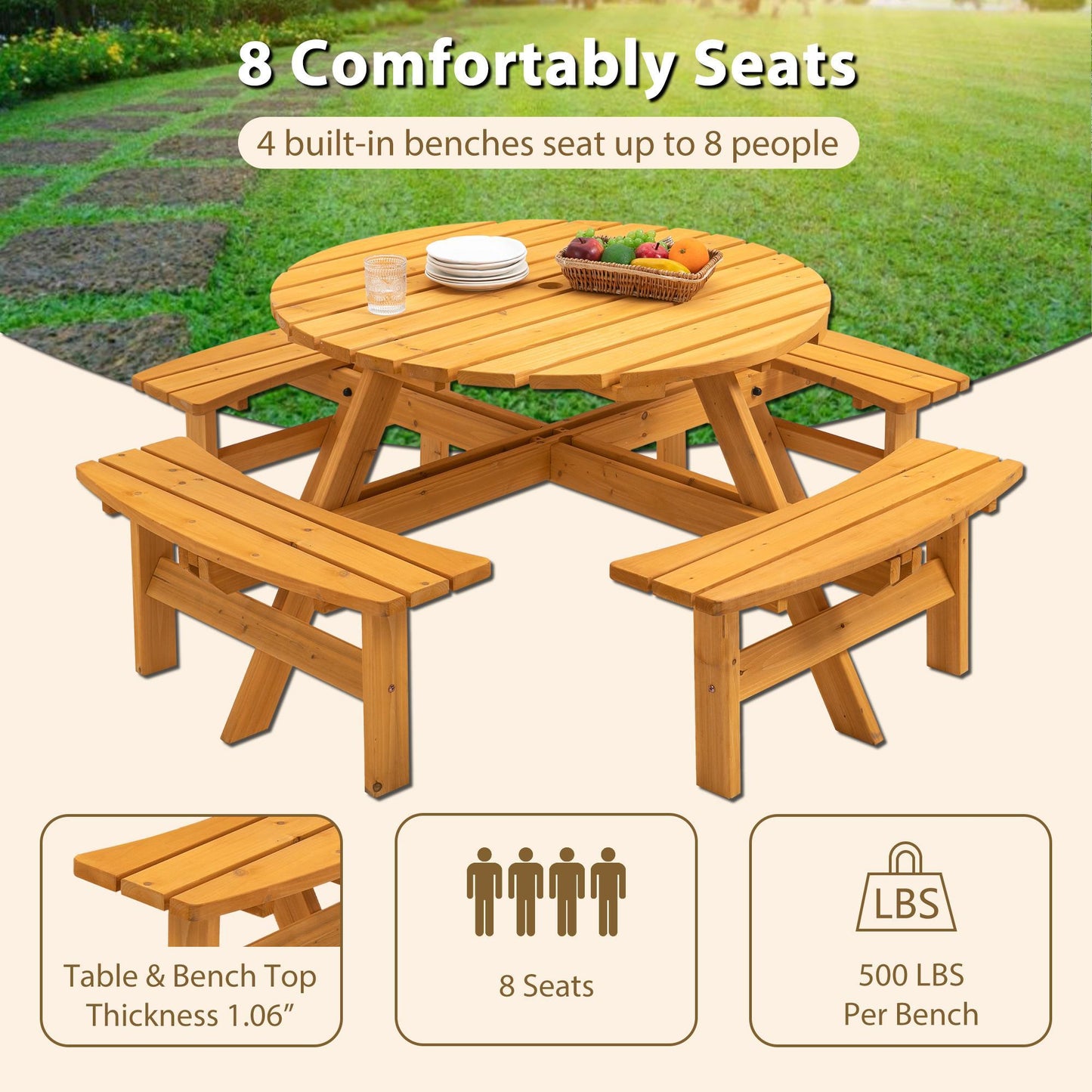Wooden Picnic Table, Outdoor Camping Table With Seats, With 4 Built-in Benches, - Natural Color