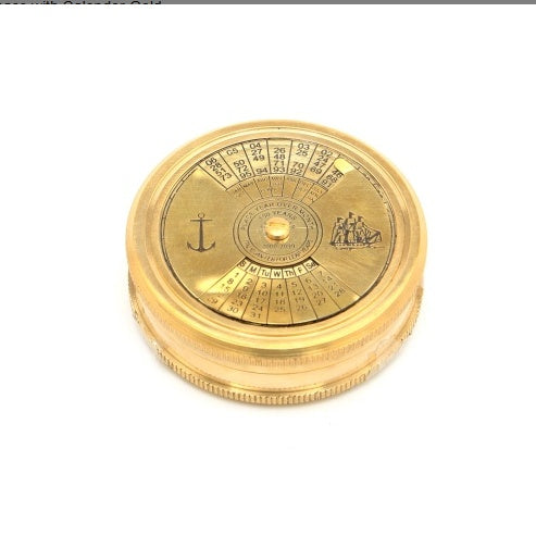 Vintage Collectible Brass Compass With Calender-Gold