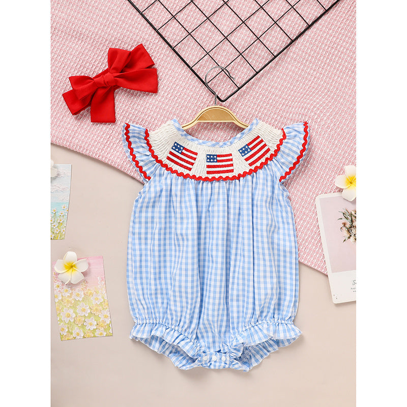 Baby Girls Independence Day Outfit 4th Of July American Flag Embroidery Smocked Bubble Romper With Headband